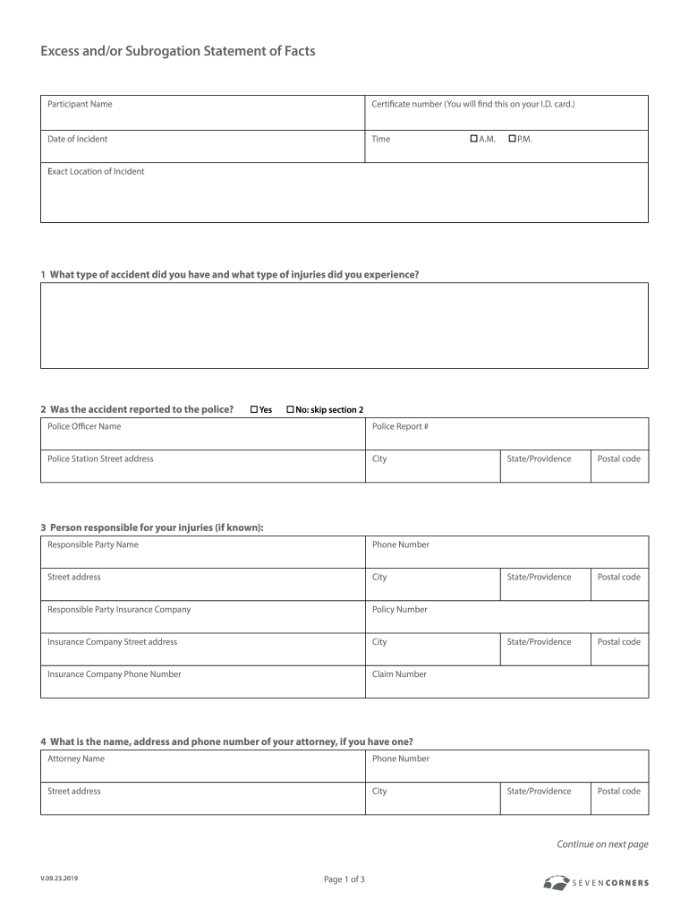 Excess Andor Subrogation Statement of Facts  Form