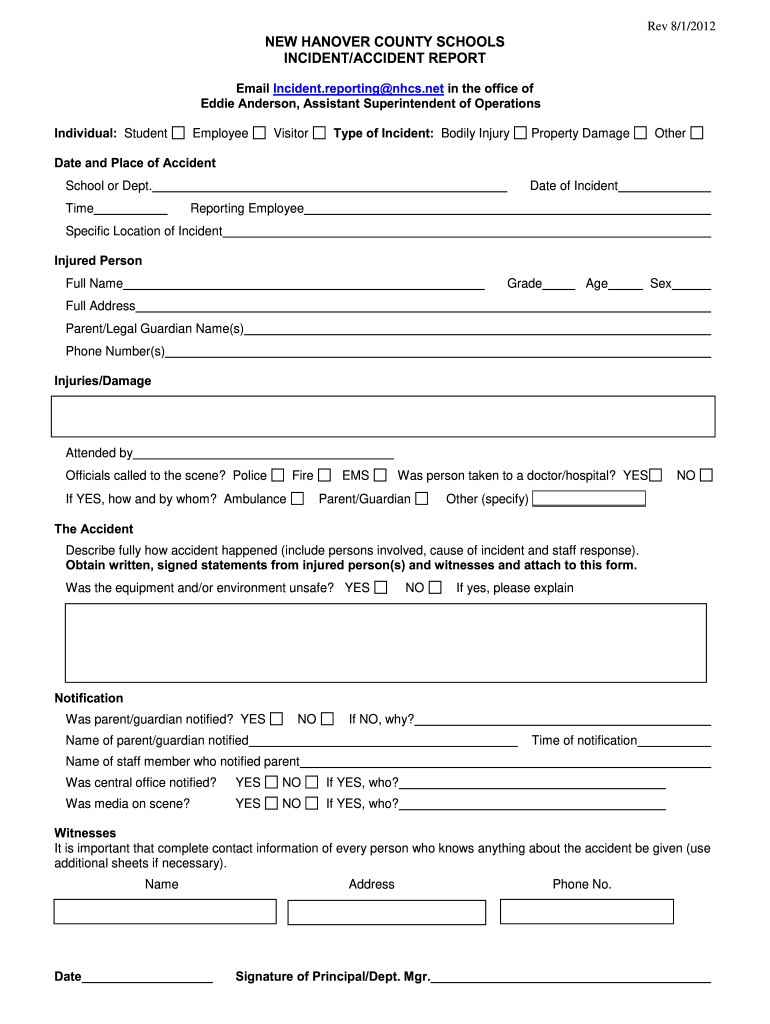 New Hanover County Schools Incidentaccident Report  Form