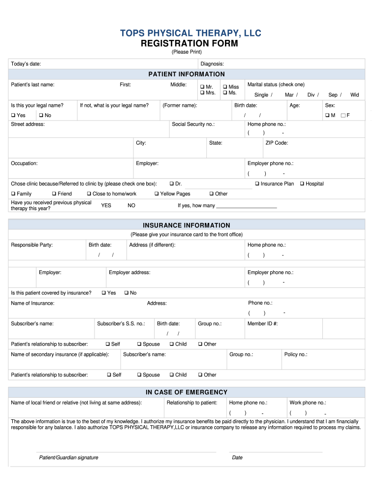 Patient Registration FormTOPS Physical Therapy, LLC TOPS PHYSICAL THERAPY, LLC