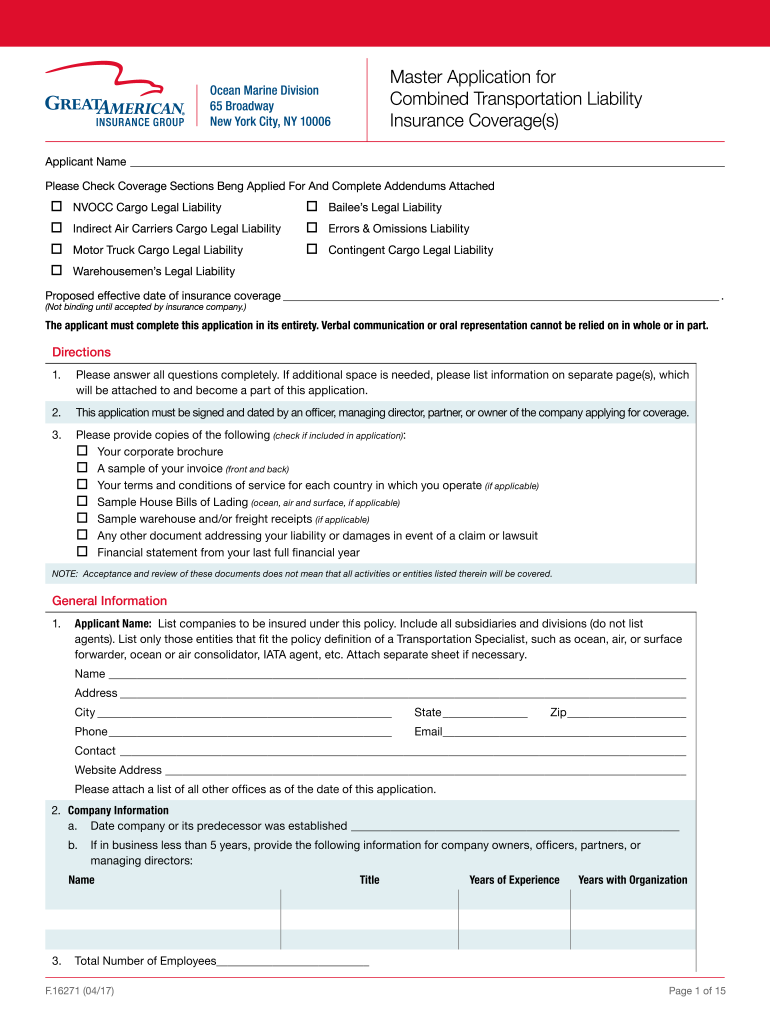 Master Application for Combined Transportation Liability Insurance Coverages  Form