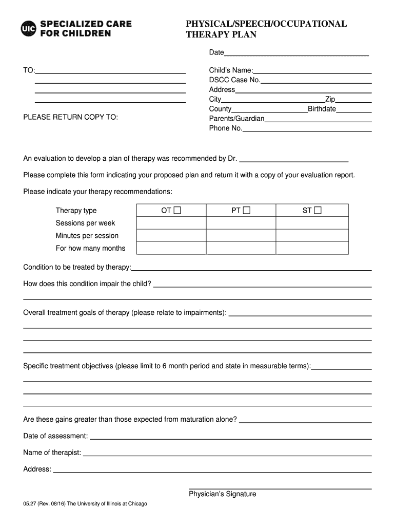 PHYSICAL SPEECH OCCUPATIONAL THERAPY PLAN  Form