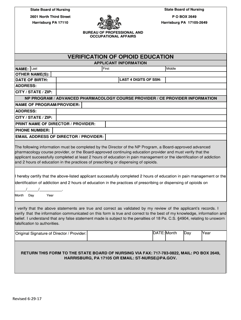 Verification of Opioid Education PA Gov  Form