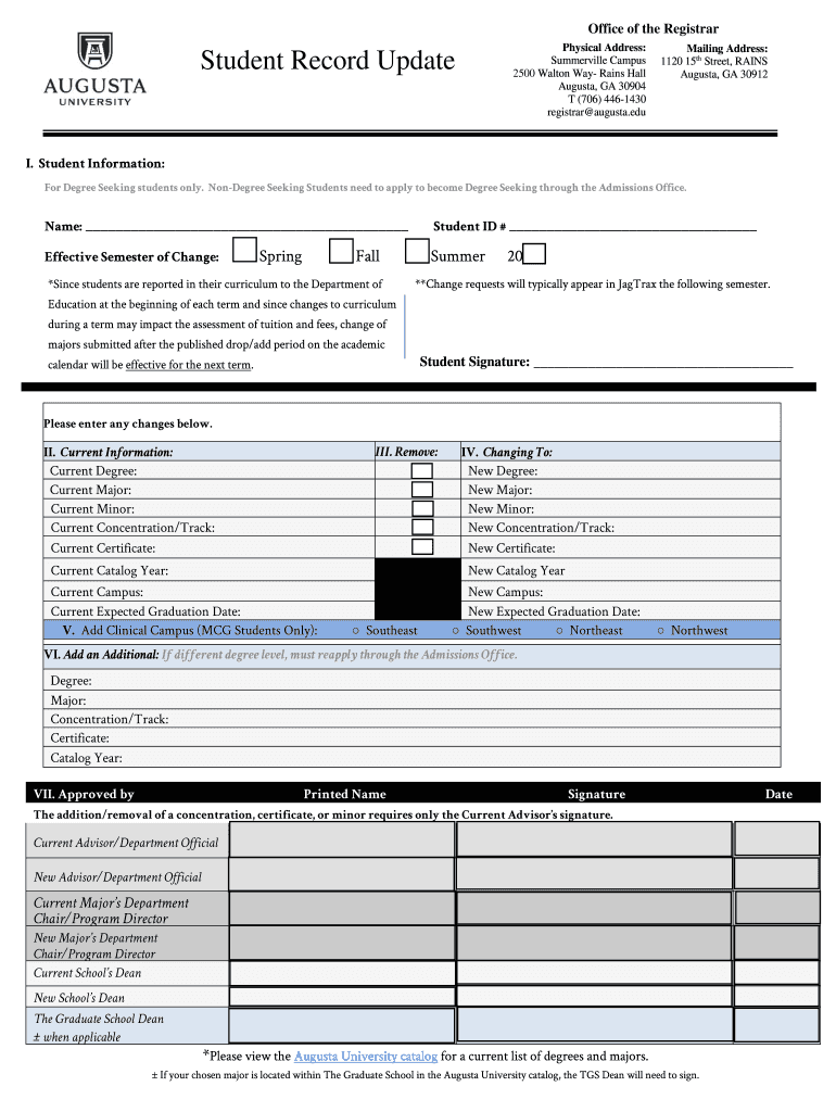 Registrar's Office Augusta University  Form