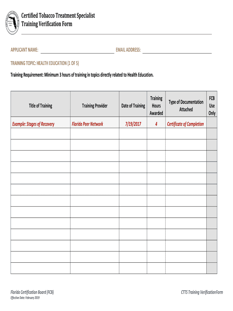 Certified Tobacco Treatment Specialist Training Verification Form