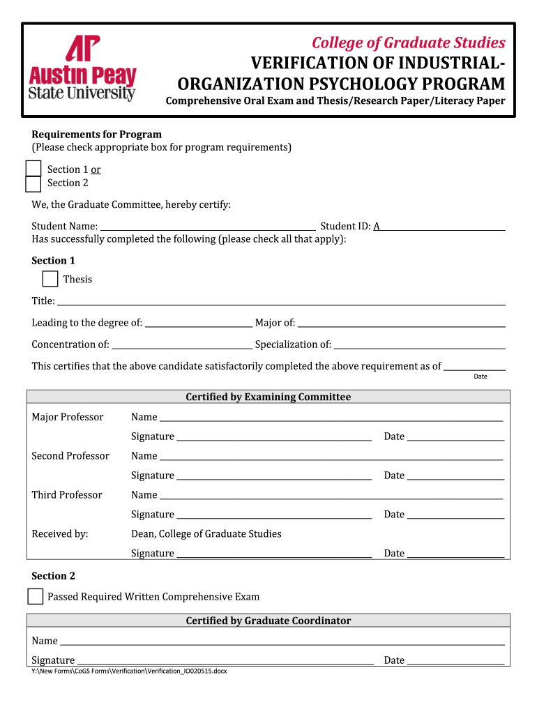 College of Graduate Studies VERIFICATION of INDUSTRIAL  Form