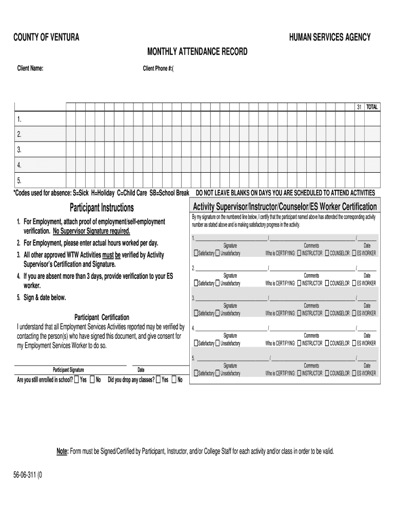 56 06 311 WTW Monthly Attendance Record 06 18 DOCX  Form