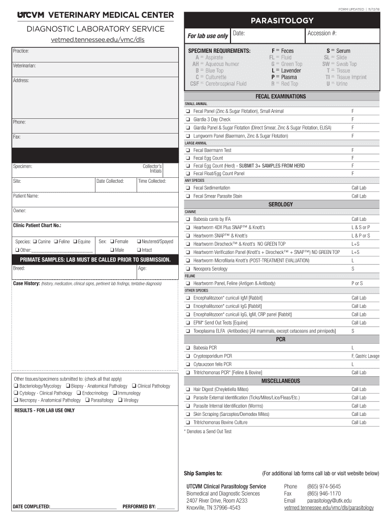  Lab Submission Forms UTCVM University of Tennessee 2018-2024