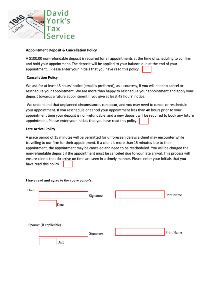 Appointment Deposit, Cancellation &amp;amp;amp; Late Arrival Policy  Form