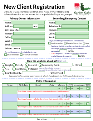 New Client Registration Garden Oaks Veterinary Clinic  Form