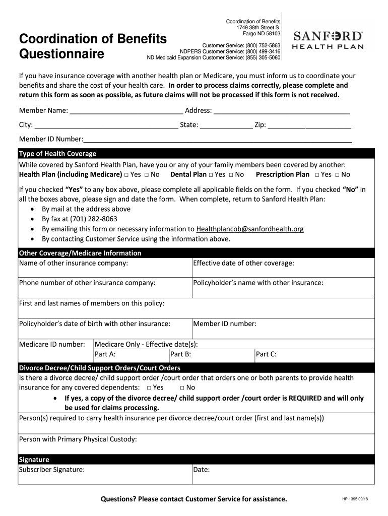 HP 1395 Coordination of Benefits Questionnaire 9 18 Fillable  Form