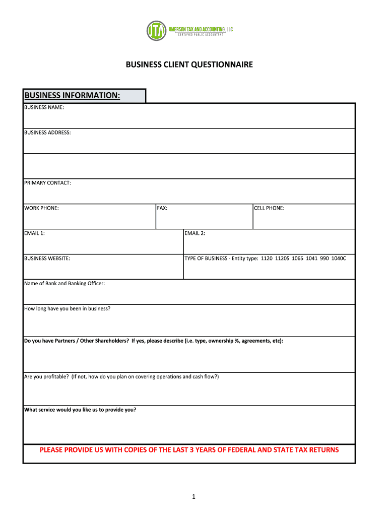 BUSINESS CLIENT QUESTIONNAIRE  Form