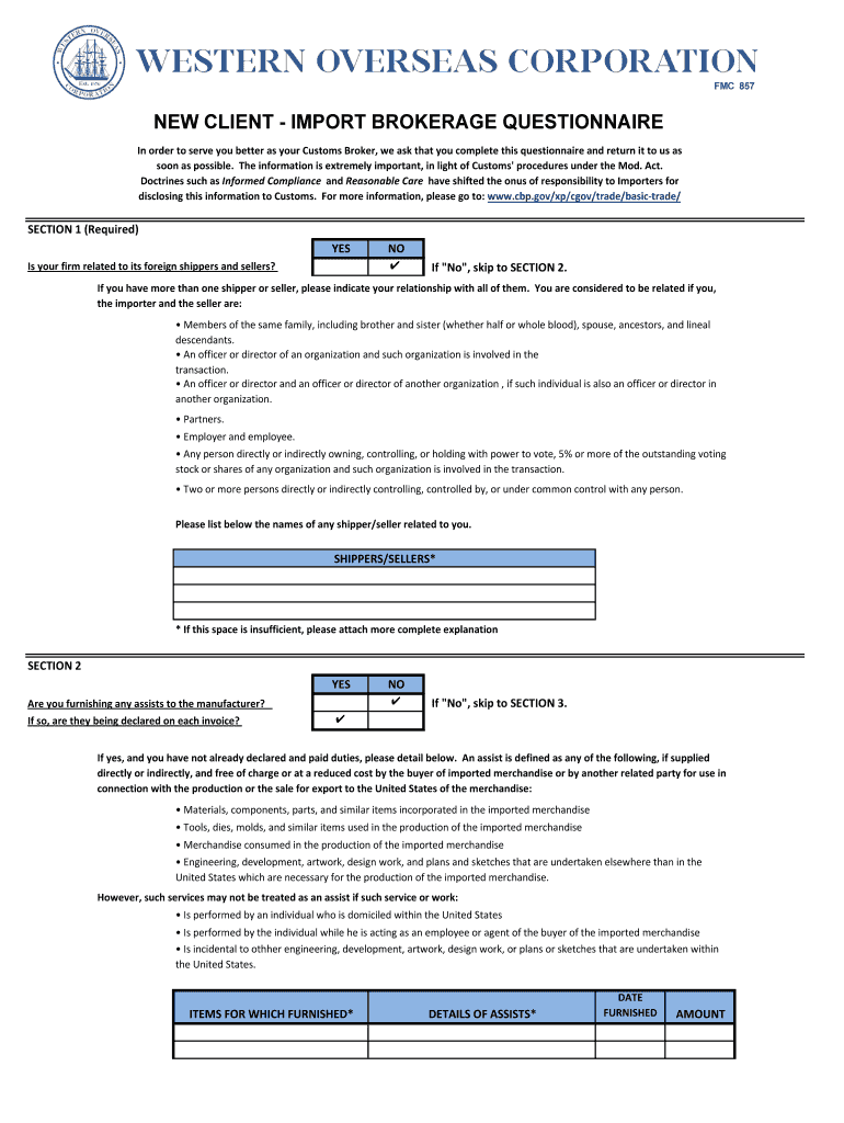 Setting Up an Account with a Customs Broker AFC International  Form