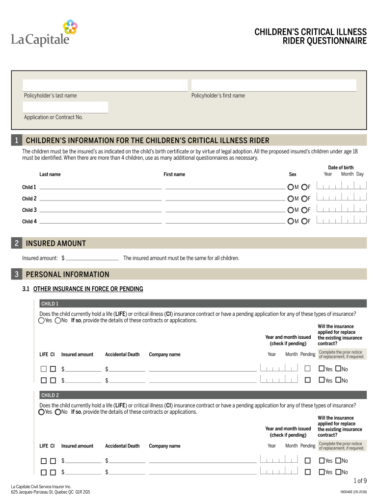 IND046E Children's Critical Illness Rider Questionnaire  Form
