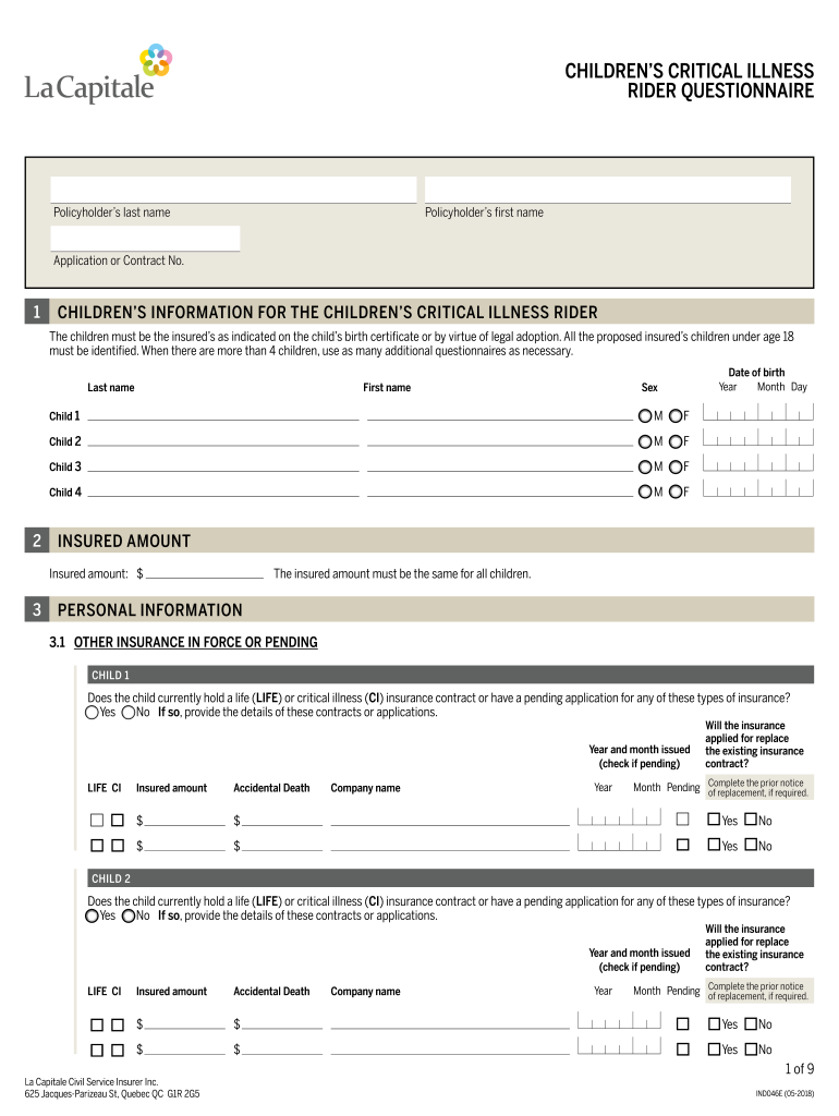IND046E Children's Critical Illness Rider Questionnaire Form
