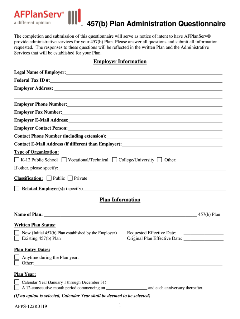 457b Plan Administration Questionnaire AFPlanServ  Form