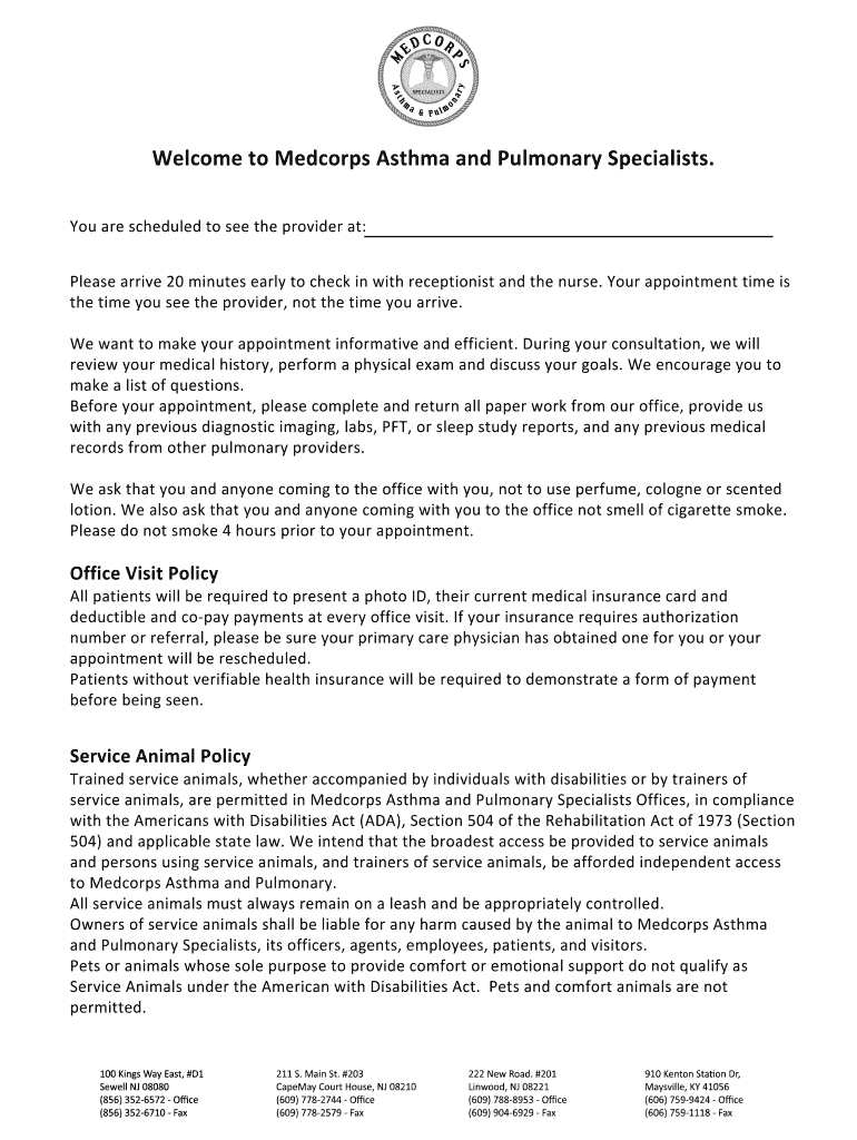 Welcome to Medcorps Asthma and Pulmonary Specialists  Form