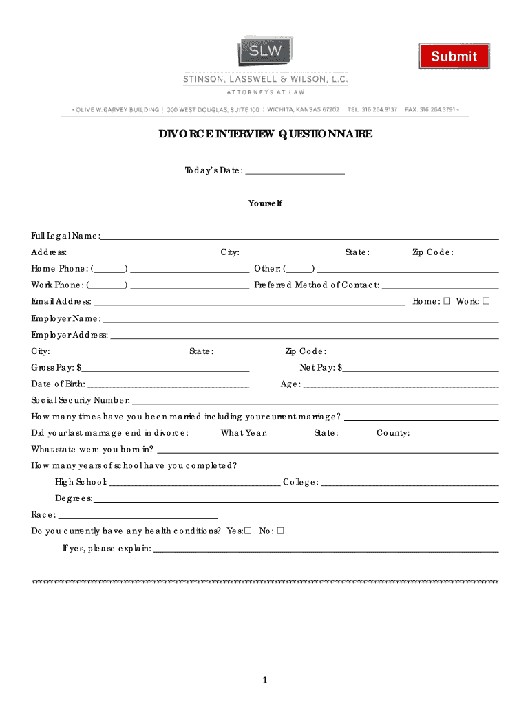 Divorce Interview Questionnaire No Lines  Form