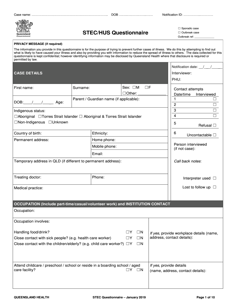Case Report EHEC HUS EHECHUS Case Report Form a Resource to Assist Health Professionals Collect Data in the Event of a Foodborne