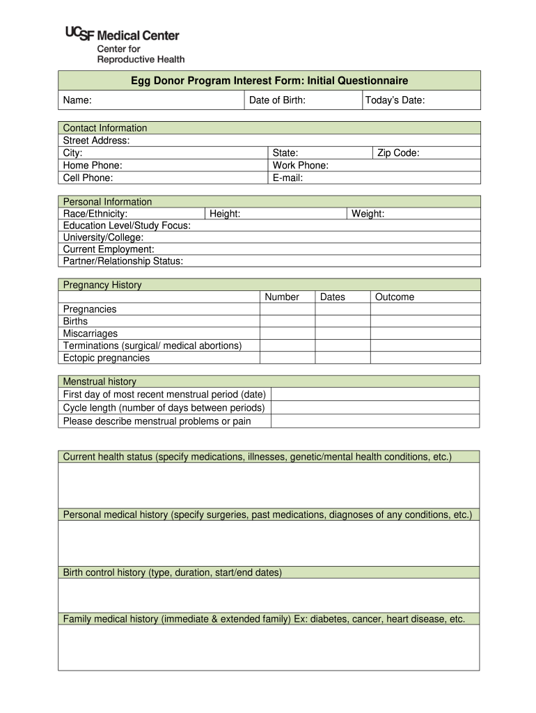 Egg Donor Program Interest Form Initial Questionnaire