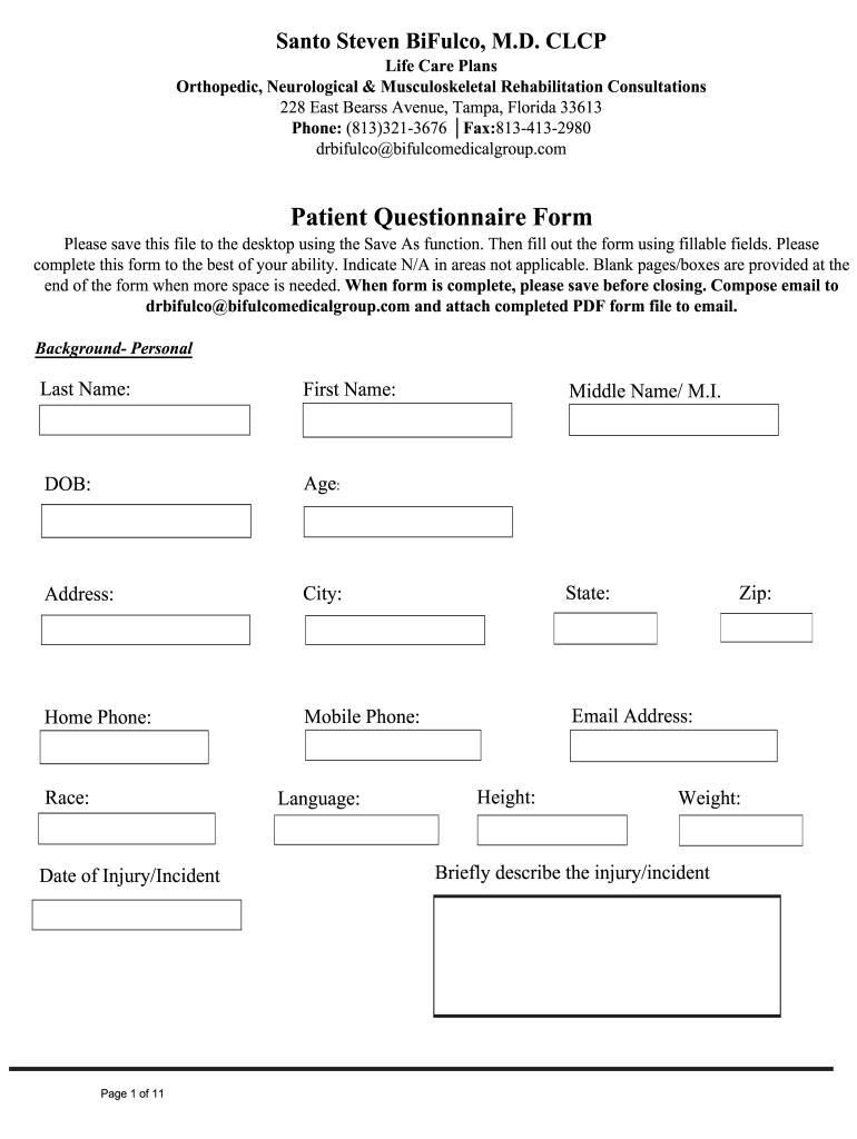 Patient Questionnaire Form Bifulco Medical Group