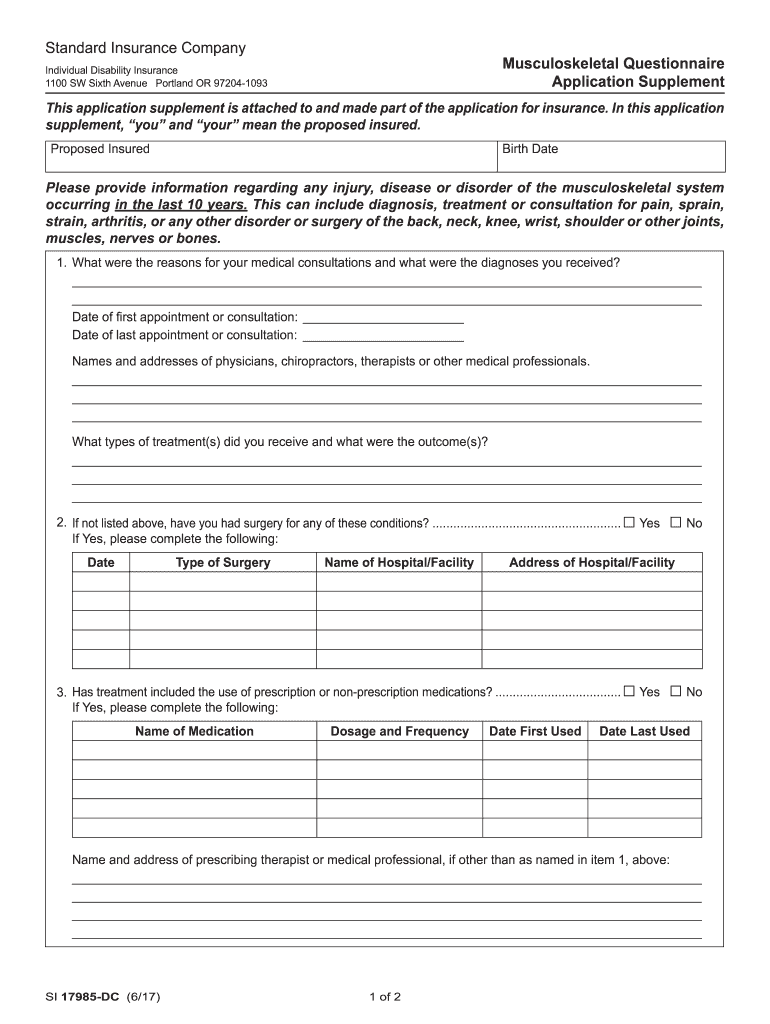  17985dc PDF Musculoskeletal History Questionnaire Application Supplement Individual Disability DC 2017-2024