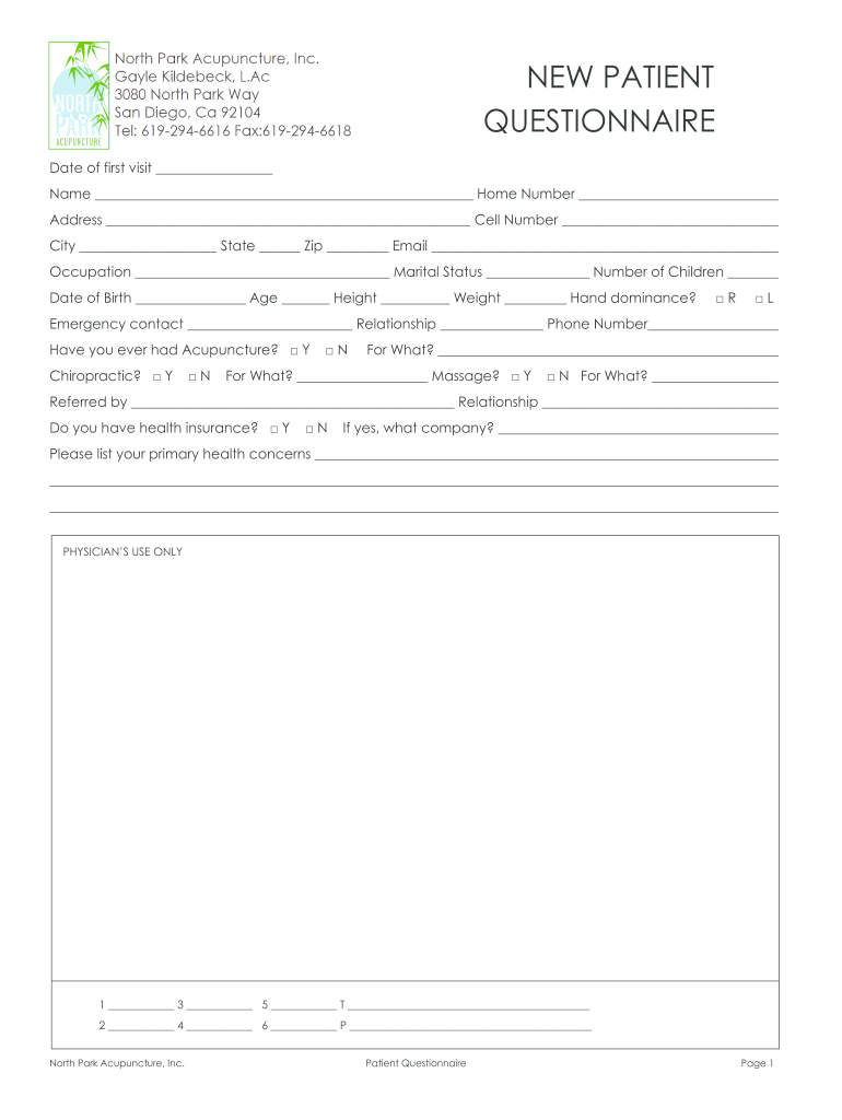 New Patient Questionnaire North Park Acupuncture  Form