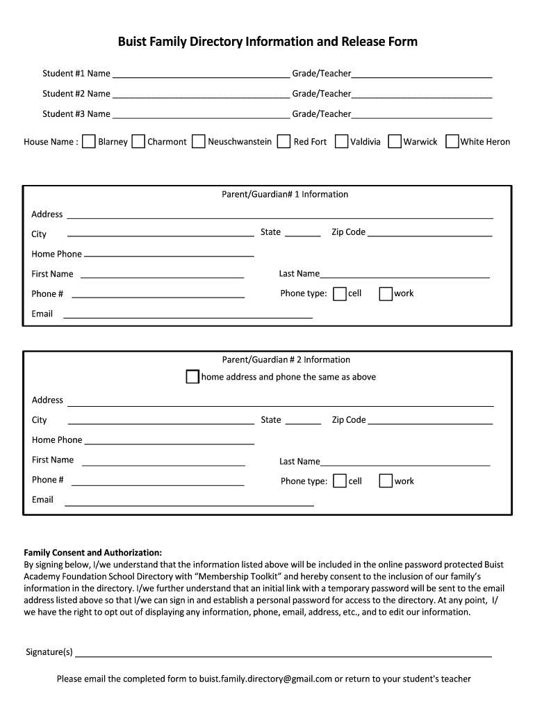 Buist Family Directory Information and Release Form