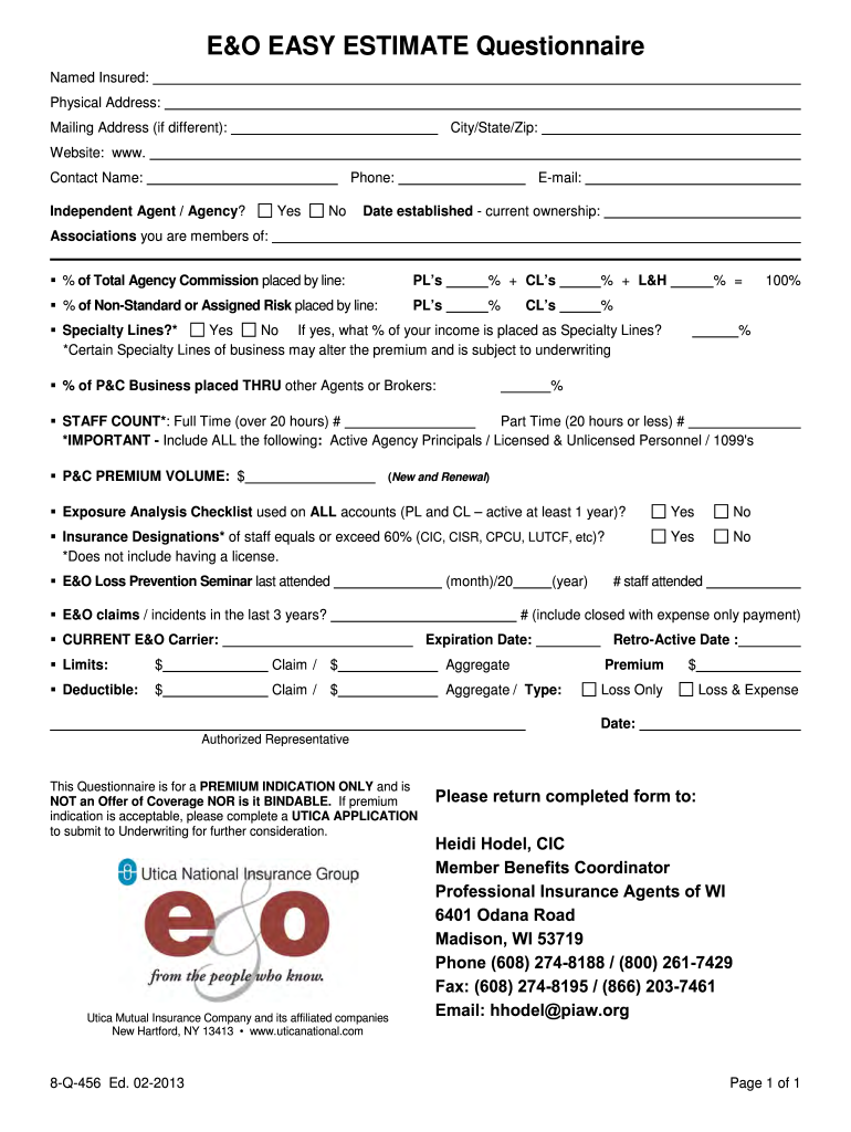 E&amp;amp;amp;O Easy Estimate Questionnaire Moagent Org  Form