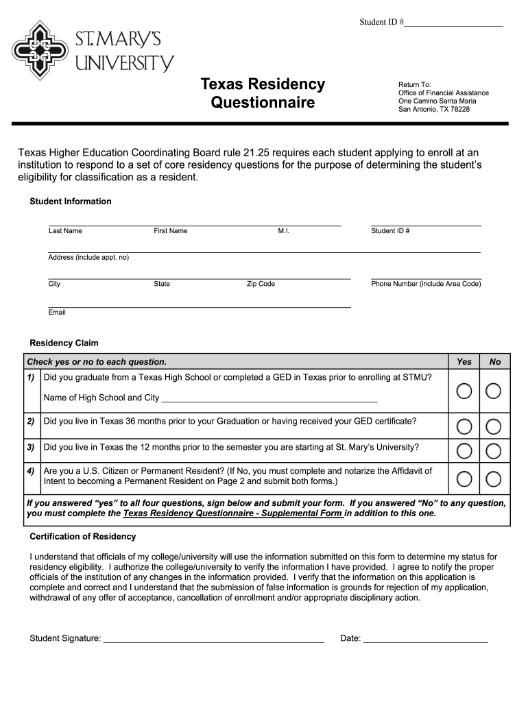 Get and Sign Texas Residency Questionnaire  Form