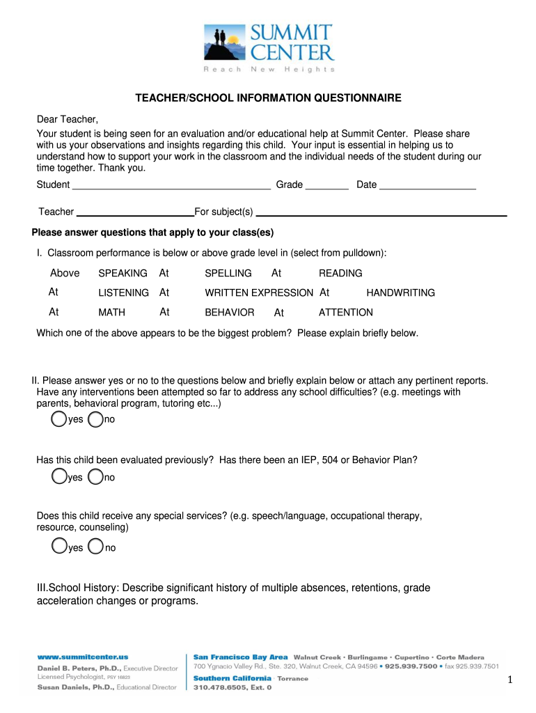 TEACHERSCHOOL INFORMATION QUESTIONNAIRE