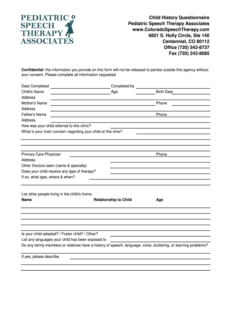 Child History Questionnaire Pediatric Speech Therapy  Form