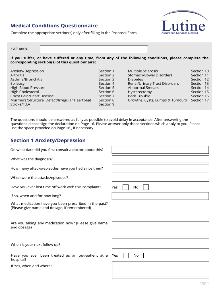 Medical Conditions Questionnaire Lutine  Form