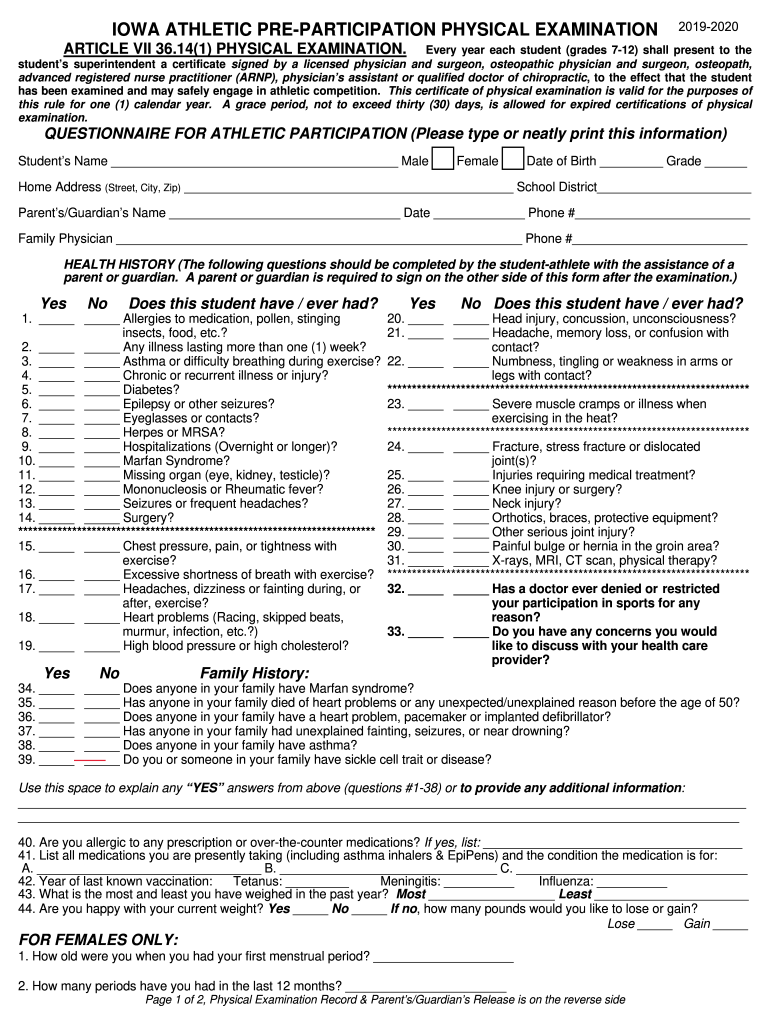 Iowa Athletic Pre Participation Physical Examination Physical Examination Form 2019-2023