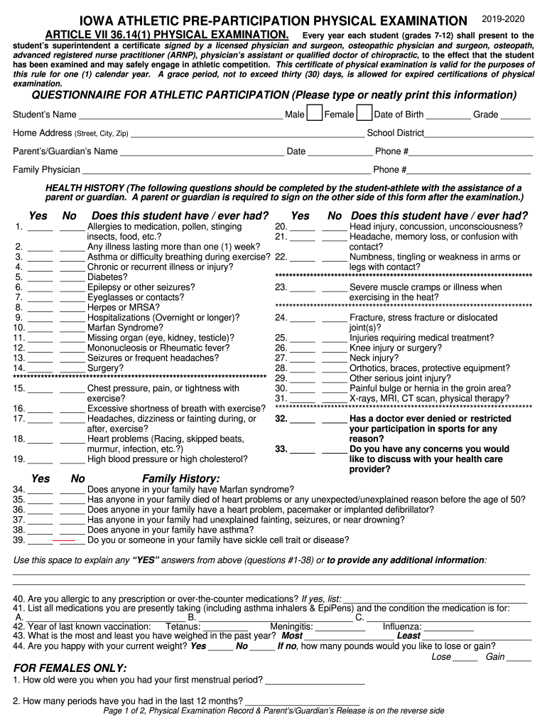  Iowa Athletic Pre Participation Physical Examination Physical Examination Form 2019-2024