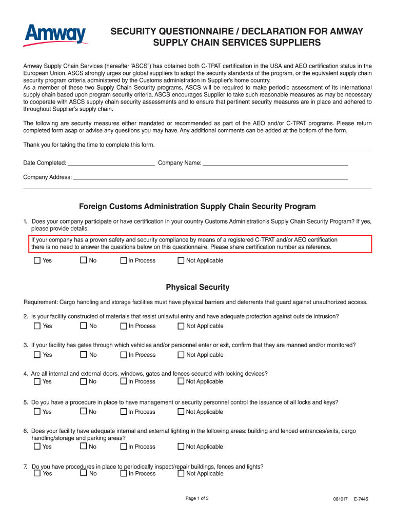  E 7445 Security Questionnaire Declaration for Amway Supply Chain Services Suppliers 2017-2024