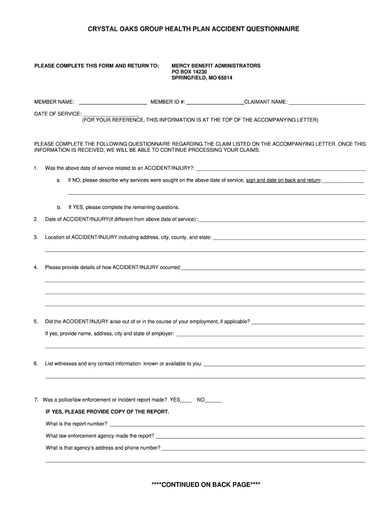 CRYSTAL OAKS GROUP HEALTH PLAN ACCIDENT QUESTIONNAIRE  Form
