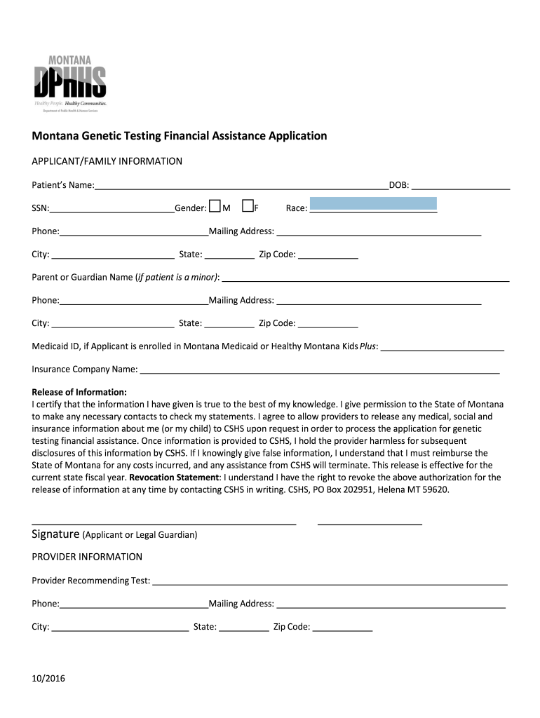 Montana Genetic Testing Financial Assistance Application Genetic Testing Application  Form