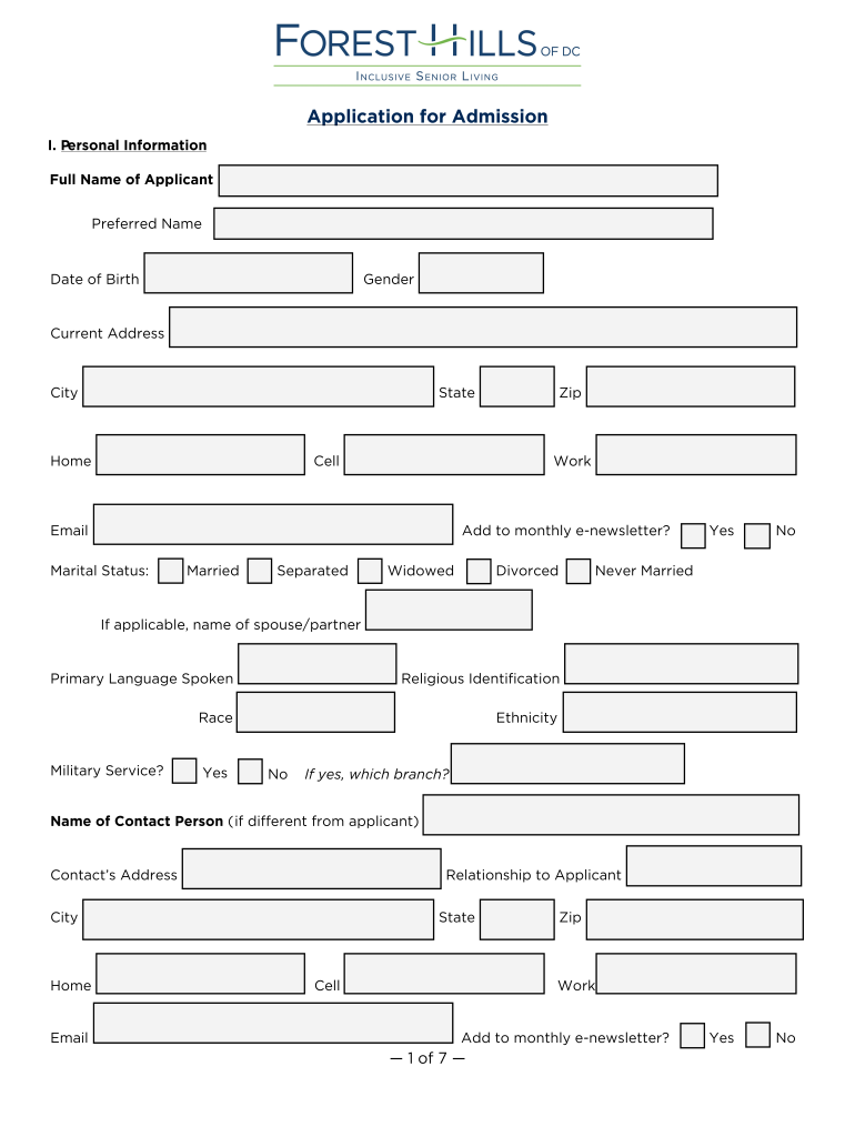 Application for Admission Forest Hills of DC  Form