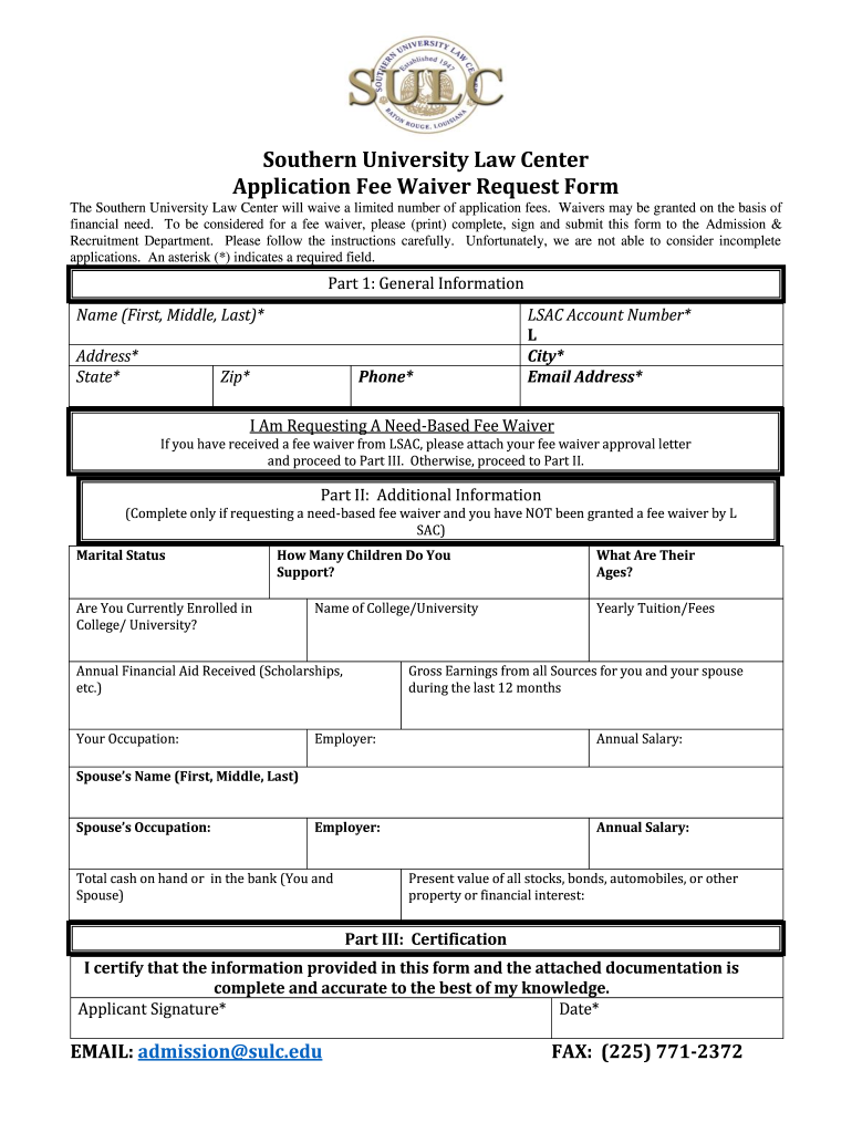 Southern University Law Center Application Fee Waiver  Form