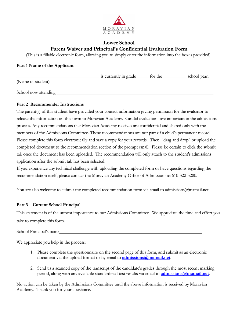 Parent Waiver and Principals Confidential Evaluation Form