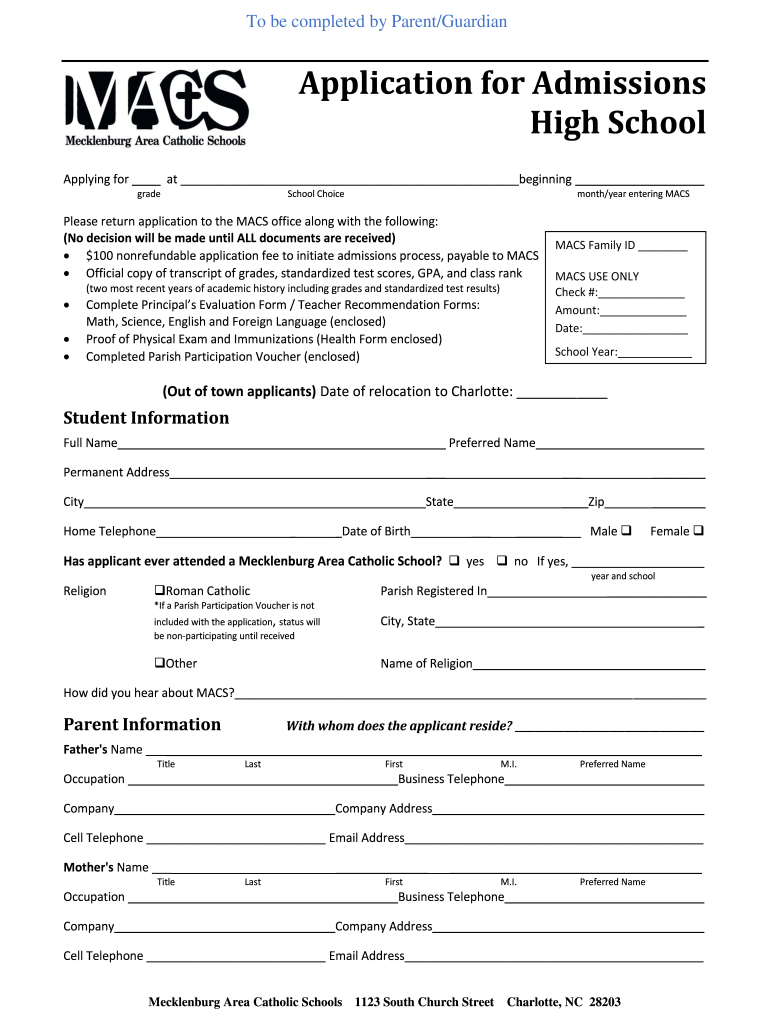 North Carolina High School  Form
