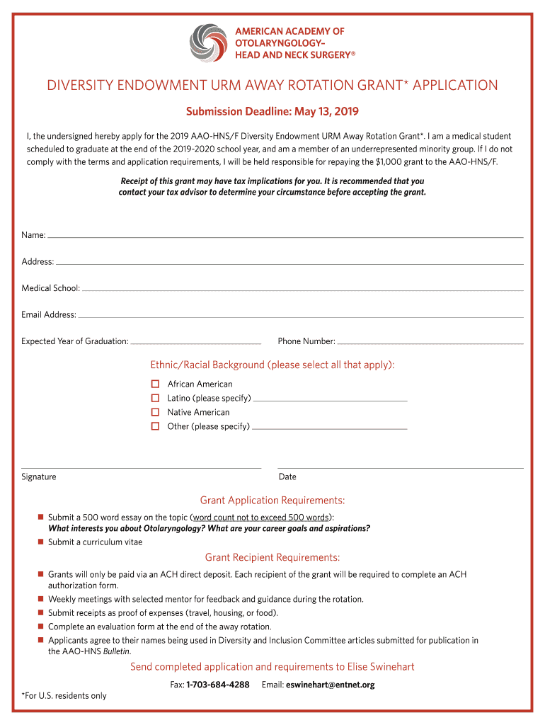 Diversity GrantsAmerican Academy of Otolaryngology Head  Form