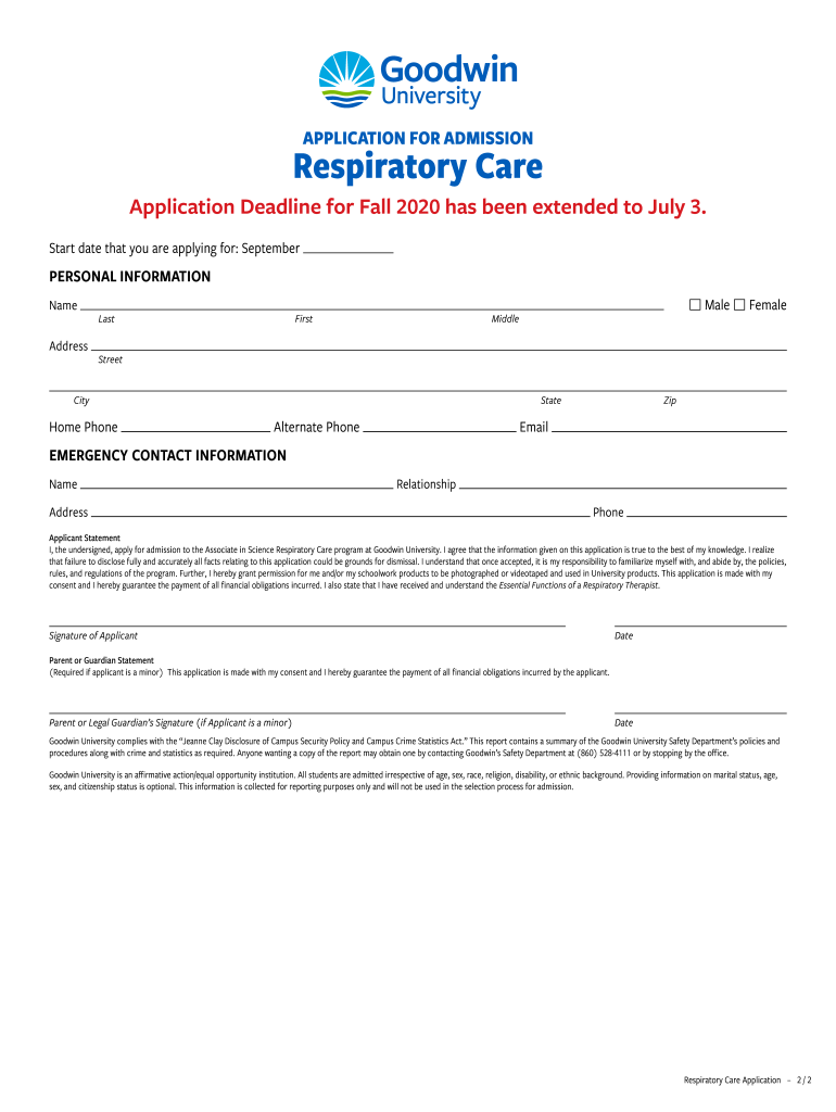 Respiratory Care ApplicationGoodwin University  Form