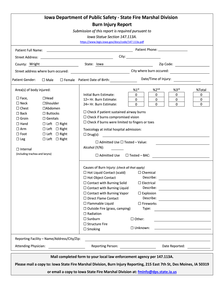 State Fire Marshal Division Burn Injury Report Iowa  Form