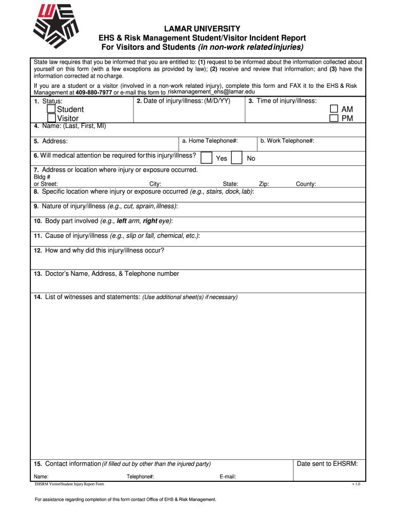 VisitorStudent Injury Form 10 Fillable Template DOC