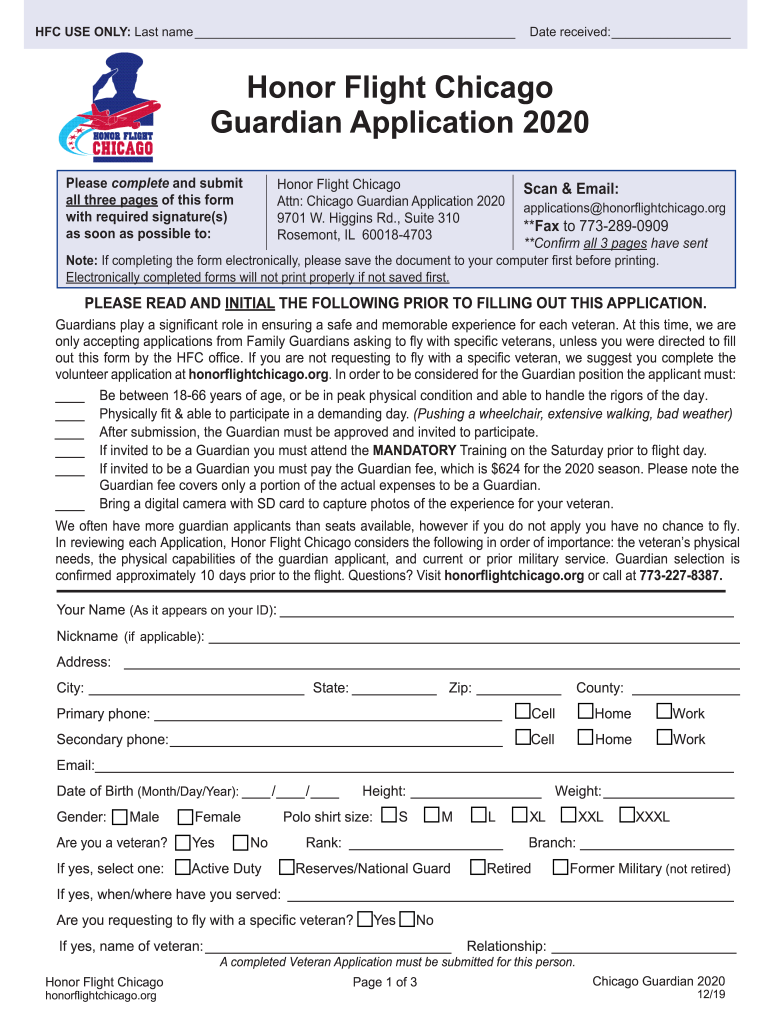  Honor Flight Chicago Veteran Application 2020