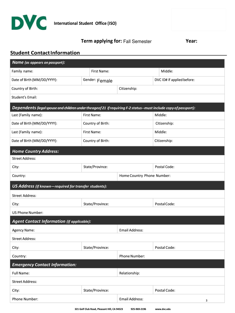 International Student Admission Application Diablo Valley  Form