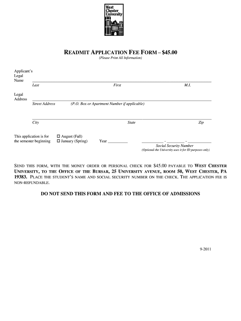  Fillable Online Wcupa Application Fee Form West Chester 2011-2024