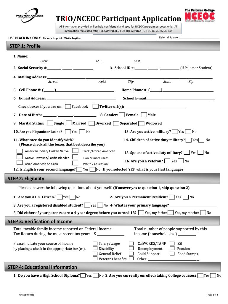 Fillable Online Palomar TRiONCEOC Participant Application  Form