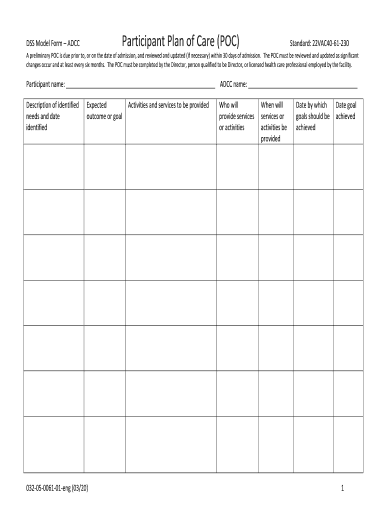 Participant Plan of Care POC  Form